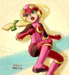  1girl blonde_hair bodysuit boots gloves green_eyes helmet long_hair open_mouth pink_boots rockman rockman_exe roll_exe solo 