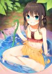  1girl arm_support bare_shoulders bikini blue_eyes blush brown_hair grass grin hose indian_style long_hair navel original see-through sitting smile solo swimsuit tofu1601 twintails wading_pool water 