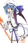  1girl alternate_costume bat_wings blue_hair dress fang hat hat_ribbon long_sleeves mob_cap open_mouth red_eyes remilia_scarlet ribbon smile solo spear_the_gungnir touhou white_dress wide_sleeves wings yuuhagi_(amaretto-no-natsu) 