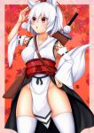  1girl :o animal_ears blush breasts detached_sleeves hat highres inubashiri_momiji kourindou_tengu_costume loincloth no_panties obi pom_pom_(clothes) red_eyes sash shading_eyes sheath sheathed short_hair sideboob solo sword tail thigh-highs tokin_hat tokoya touhou weapon white_hair wolf_ears wolf_tail 