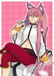  1girl animal_ears artist_name blazblue blazblue:_calamity_trigger candy cat_ears cat_tail crossed_legs glasses highres kokonoe lolitaii lollipop multiple_tails navel orange_eyes outline outside_border pink_hair signature sitting slit_pupils smug solo tail two_tails white_border wrist_cuffs 