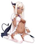  1girl 47agdragon bangs bow bow_panties breasts dark_skin demon_tail hand_on_own_chest horns jpeg_artifacts navel panties pointy_ears simple_background sitting solo string_panties tail thigh-highs under_boob underwear violet_eyes wariza white_background white_hair white_legwear white_panties wrist_cuffs 