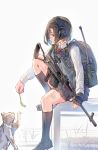  1girl assault_rifle bag black_hair cat daito dress gun highres military original rifle school_uniform shoes short_hair weapon white_background 