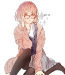  1girl adjusting_glasses ahoge blue_skirt brown_hair collarbone glasses jacket jewelry kuriyama_mirai kyoukai_no_kanata lips long_sleeves looking_at_viewer open_clothes open_jacket orange_hair pleated_skirt red-framed_glasses ring ritchpin short_hair simple_background sitting skirt solo white_background 