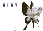  1girl aerie_(bravely_default) bare_shoulders bravely_default:_flying_fairy bravely_default_(series) brown_eyes butterfly_wings character_name cross-laced_legwear crystal dress fairy gloves gradient_hair long_hair multicolored_hair open_mouth pointy_ears short_dress silver_hair simple_background solo strapless_dress white_background wings yayoihiro 