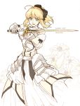  1girl ahoge armor armored_dress bare_shoulders blonde_hair bow caliburn detached_sleeves fate/grand_order fate/stay_night fate/unlimited_codes fate_(series) gauntlets green_eyes hair_bow highres orca9102 ponytail saber saber_lily solo 