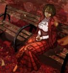  1girl adapted_costume autumn autumn_leaves bench breasts colored_eyelashes commentary_request falling_leaves green_hair highres jacket jacket_on_shoulders jewelry kazami_yuuka kikimifukuri large_breasts leaf light_smile long_skirt long_sleeves looking_at_viewer necklace park_bench plaid plaid_skirt red_eyes ribbed_sweater sitting skirt solo sweater touhou 