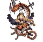  1girl ;d asymmetrical_clothes asymmetrical_legwear bangs black_legwear blonde_hair blush cagliostro_(granblue_fantasy) dragon full_body granblue_fantasy hairband hood long_hair lowres minaba_hideo miniskirt nail official_art one_eye_closed open_mouth orange_skirt ouroboros_(granblue_fantasy) pumpkin skirt smile solo spikes thigh-highs transparent_background vest violet_eyes zettai_ryouiki 