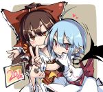 2girls anniversary bat_wings blue_hair bow brown_eyes brown_hair commentary_request detached_sleeves dress hair_bow hair_tubes hakurei_reimu heart looking_at_viewer multiple_girls no_hat noya_makoto pointy_ears puffy_short_sleeves puffy_sleeves red_eyes remilia_scarlet sash short_sleeves smile touhou v white_dress wings wrist_cuffs 