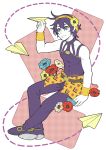  1boy flat_color flower full_body green_hair hair_flower hair_ornament hairband highres holding jojo_no_kimyou_na_bouken lolitaii male_focus narancia_ghirga paper_airplane purple_hair sitting smile solo white_skin wristband 