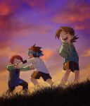  1girl 2boys :d anger_vein angry brothers casual child closed_eyes evening field fighting friends grass hands_in_pockets highres hikari_netto hikari_saito holding_hands interlocked_fingers laughing multiple_boys open_mouth outdoors rockman rockman_exe sakino_(sanodon) sakurai_meiru shorts siblings sky smile sunset teeth twilight younger 