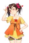  1girl ;) bow brown_hair cowboy_shot dress fishkitty hair_bow hand_on_hip heart looking_at_viewer love_live!_school_idol_project one_eye_closed red_eyes short_hair shorts smile solo twintails w yazawa_nico 