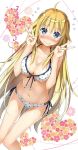  1girl bikini blonde_hair blue_eyes blush double_v dutch_angle from_above front-tie_top highres kantoku knees_together_feet_apart long_hair navel nose_blush polka_dot scan side-tie_bikini sidelocks solo sweat swimsuit tears v very_long_hair wavy_mouth 