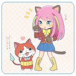  1girl animal_ears aqua_eyes ayu_(mog) blue_skirt blush boots cat cat_ears cat_paws cat_tail crossover fangs full_body gloves haramaki hashimoto_nyan heart jibanyan long_hair multiple_tails notched_ear open_mouth osomatsu-san paw_gloves paws pigeon-toed pink_hair pleated_skirt skirt spoken_heart standing tail translation_request two_tails youkai youkai_watch 