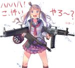  1girl aa-12 blue_eyes daito drum_magazine fangs gun original school_uniform serafuku shaking shotgun submachine_gun sweat translation_request twintails usas-12 weapon weapon_request 