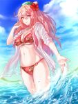  1girl bikini blush breasts cleavage flower hacka_doll hacka_doll_2 hair_flower hair_ornament large_breasts long_hair looking_at_viewer muramatusan navel o-ring_bottom open_clothes open_shirt partially_submerged pink_eyes pink_hair shirt smile solo swimsuit 