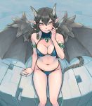  1girl arm_support bat_wings bikini black_hair braid breasts brown_eyes cleavage collarbone cowboy_shot dragon_girl feathered_wings female finger_to_mouth fingernails from_above highres horns looking_at_viewer looking_up low_twintails navel original pinky_to_mouth pointy_ears saba_no_miso_ni sharp_fingernails sitting smile solo swimsuit tail twin_braids twintails wings 