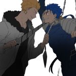  2boys blonde_hair blue_hair chain drill fate/stay_night fate_(series) gilgamesh lancelot_(smalock) lancer multiple_boys sword tied_up weapon 