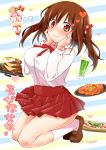  1girl blush breasts brown_eyes brown_hair ebina_nana food fruit hamburger_steak hands_on_own_cheeks hands_on_own_face heart heart-shaped_pupils highres himouto!_umaru-chan ice_cream large_breasts long_hair looking_at_viewer merryhachi parfait pizza school_uniform shirt skirt solo spaghetti sundae symbol-shaped_pupils twintails wavy_mouth 