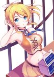 1girl :o adjusting_hair ayase_eli bare_arms bare_shoulders blonde_hair blue_eyes euforia hand_in_hair love_live!_school_idol_project midriff navel necktie parted_lips sitting 