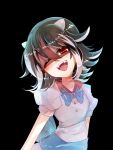  1girl ;d asuku_(69-1-31) blush bow dress fangs head_tilt highres horns kijin_seija looking_at_viewer multicolored_hair one_eye_closed open_mouth red_eyes short_hair smile solo streaked_hair tongue touhou 