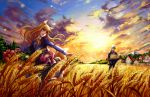  1boy 1girl :d animal_ears apple basket brown_hair clouds craft_lawrence cxonline fir_tree food fox_ears fox_tail fruit holo house kitsune long_hair long_sleeves mountain open_mouth sky smile spice_and_wolf sun sunset tail tree wheat_field white_hair 