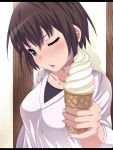  1girl blush brown_hair commentary_request doctor_k_shoujo green_eyes highres ice_cream_cone looking_at_viewer nail natsumyun one_eye_closed open_mouth solo 