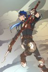  1boy blue_hair fate/stay_night fate_(series) gae_bolg headband highres lancer o-rui polearm ponytail solo spear steampunk weapon 