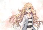  1girl aqua_eyes blonde_hair long_hair rakugakiii ray_(satsuriku_no_tenshi) satsuriku_no_tenshi shirt solo striped striped_shirt 