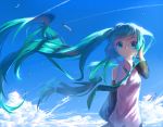  1girl clouds detached_sleeves floating_hair green_eyes green_hair hatsune_miku long_hair necktie sky solo twintails very_long_hair vocaloid 