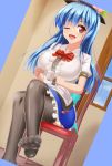  1girl black_legwear blue_hair breasts coffee_cup hat hinanawi_tenshi honda_takaharu large_breasts one_eye_closed red_eyes sitting soles solo thigh-highs toes touhou 