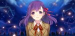  1girl fate/stay_night fate_(series) hair_ribbon himaya matou_sakura purple_hair ribbon school_uniform solo violet_eyes 