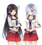  2girls adjusting_clothes adjusting_gloves agano_(kantai_collection) agano_(kantai_collection)_(cosplay) black_hair blue_eyes breasts cleavage cosplay cowboy_shot gloves hair_ornament hair_over_one_eye hairclip hamakaze_(kantai_collection) ichinomiya_(blantte) isokaze_(kantai_collection) kantai_collection long_hair looking_down midriff multiple_girls navel pleated_skirt red_eyes red_skirt school_uniform serafuku shirt_tug silver_hair skirt sleeveless smile white_gloves 