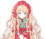  1girl blonde_hair blue_eyes bonnet doll long_hair looking_at_viewer parted_lips piyo_(ppotatto) rozen_maiden shinku simple_background solo teeth white_background 