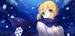 1girl ahoge blonde_hair fate/stay_night fate_(series) green_eyes himaya saber scarf snowflakes solo winter_clothes 