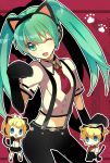  animal_ears bell bell_collar belt blonde_hair blue_eyes bowtie cat_ears cat_paws cat_tail chibi collar fang fish green_eyes green_hair hatsune_miku highres jingle_bell kagamine_len kagamine_rin long_hair midriff navel necktie open_mouth paws skirt suspenders tail twintails vocaloid 