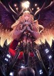  1girl armor arms_at_sides badge bangs black_legwear blonde_hair boots dark_angel_olivia dress dual_wielding feathered_wings frills from_below granblue_fantasy hair_ornament highres horns long_hair looking_at_viewer looking_down magic multicolored_wings parted_lips pip_(red_juice1869) red_eyes red_ribbon ribbon shingeki_no_bahamut solo standing thigh-highs window wings 