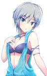  1girl anastasia_(idolmaster) blue_eyes breasts cleavage hand_on_own_chest idolmaster idolmaster_cinderella_girls jewelry looking_at_viewer necklace pushimi short_hair silver_hair solo unzipped upper_body wet 