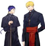  2boys blonde_hair blue_hair cross cross_necklace fate/stay_night fate_(series) gilgamesh jewelry lancelot_(smalock) lancer multiple_boys necklace priest 