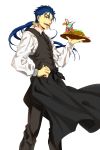  1boy blue_hair fate/hollow_ataraxia fate_(series) lancer long_hair mocchi_0119 parfait ponytail sandwich solo vest waistcoat waiter 