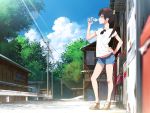  1girl bottle clouds contrapposto drinking highres itoshige original power_lines scenery shirt sky solo water_bottle white_shirt 