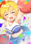  1girl :d ^_^ armpits bare_shoulders blonde_hair blush cheerleader closed_eyes confetti navel open_mouth original outstretched_arm pom_poms shoes short_hair side_ponytail skirt smile sneakers socks solo sparkle tofu1601 