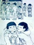  6+boys basket blush brothers choromatsu glass ichimatsu ink_(medium) jyushimatsu karamatsu licking male_focus monochrome multiple_boys osomatsu-kun osomatsu-san osomatsu_(osomatsu-kun) shopping shopping_cart siblings todomatsu traditional_media 