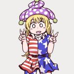  1girl american_flag_legwear american_flag_shirt blonde_hair clownpiece double_v hat jester_cap jiru_(jirufun) long_hair lowres open_mouth smile solo star striped touhou v 