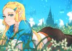  1girl ass bird blonde_hair blue_eyes blush braid castle clouds eyelashes flower gloves grass hair_ornament hairclip hanabelink juliet_sleeves long_hair long_sleeves looking_at_viewer lying on_stomach outdoors pointy_ears princess_zelda puffy_sleeves sidelocks sky smile solo the_legend_of_zelda the_legend_of_zelda:_breath_of_the_wild 