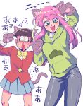  1boy 1girl animal_ears black_hair blazer blood cat_ears choromatsu cosplay costume_switch crossdressinging denim gloves green_eyes hashimoto_nyan hoodie jeans long_hair messy_hair multicolored_hair nosebleed osomatsu-kun osomatsu-san pants paw_gloves paw_pose pink_hair school_uniform short_hair simple_background skirt smile streaked_hair tears trembling white_background 