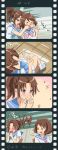  &gt;_&lt; 4koma blush brown_eyes brown_hair closed_eyes comic covering_mouth film_strip hibike!_euphonium highres indirect_kiss long_hair nakagawa_natsuki natsukimonou o3o open_mouth oumae_kumiko ponytail school_uniform short_hair sitting surprised violet_eyes 