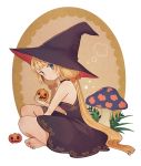 1girl ayu_(mog) bare_shoulders barefoot blonde_hair dress green_eyes halloween hat indian_style jack-o&#039;-lantern long_hair mushroom original pumpkin sitting solo toes twintails white_background witch_hat 