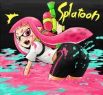  /\/\/\ 1girl all_fours ass bike_shorts blush copyright_name domino_mask fangs holding_weapon ink_tank inkling long_hair looking_at_viewer looking_back mask open_mouth oro_(zetsubou_girl) paint_splatter pink_eyes pink_hair pointy_ears shirt single_vertical_stripe solo splatoon super_soaker surprised tentacle_hair white_shirt 