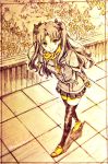  1girl coat colored_pencil_(medium) fate/stay_night fate_(series) scarf solo takeluuu thigh-highs toosaka_rin traditional_media two_side_up walking 